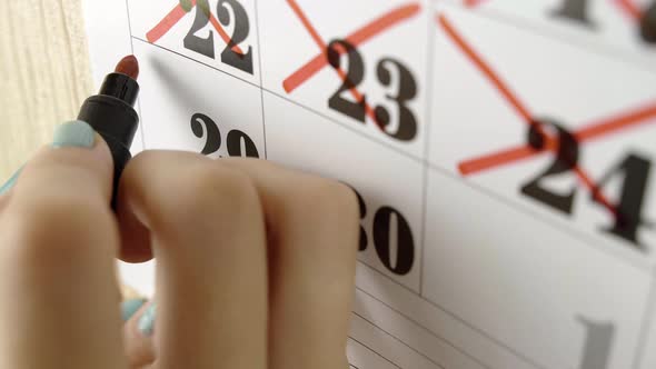 Female Hand Crosses with Red Marker the Calendar Day 29. Slow Motion Shot. Close Up