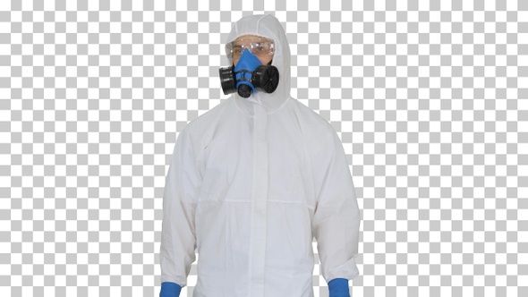 Virologist Man in Protective Costume checking, Alpha Channel