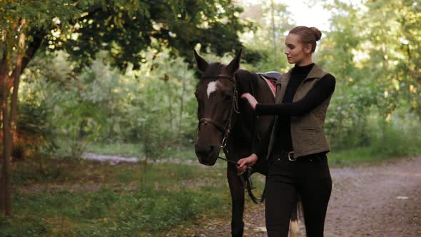 Young Beautiful Woman is Petting a Stunning Brown Horse with White Spot on Forehead While Walking