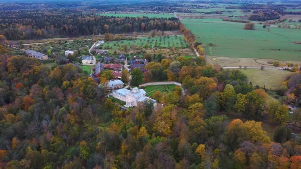 Aerial View of the Krimulda Palace in Gauja National Park Near Sigulda and Turaida, Latvia. Old Mano