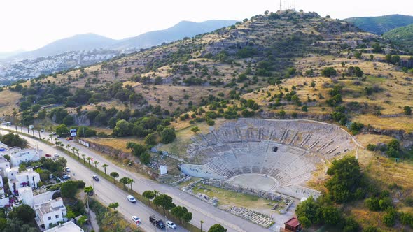 Drone Shot Halicarnassus Ancient City. Amphitheater in the Resort Town of Bodrum. Aerial Footage