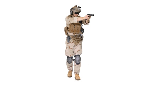 Soldier Walking and Aiming with A Pistol on White Background