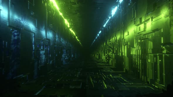 Endless Flight in a Futuristic Metal Corridor