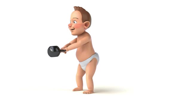 Fun 3D cartoon of a baby doing kettlebells alt