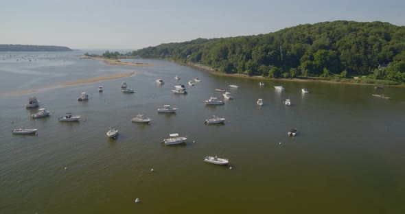 Flying Over Boats Anchored on Harbor Near a Forest