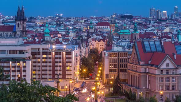 Prague Day to Night Timelapse Fantastic Old Town Roofs During Twilight with Towers and Night