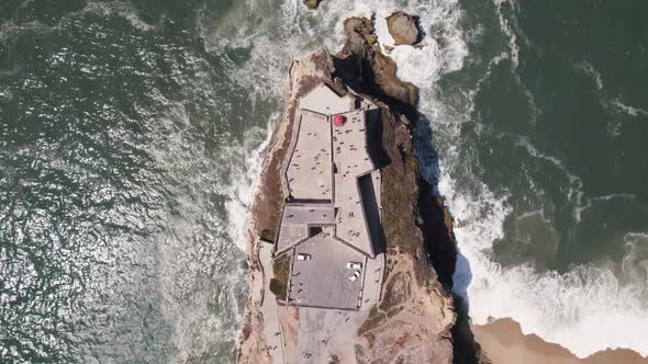 Directly above view of Nazare Lighthouse and Fortress of Saint Michael the Archangel