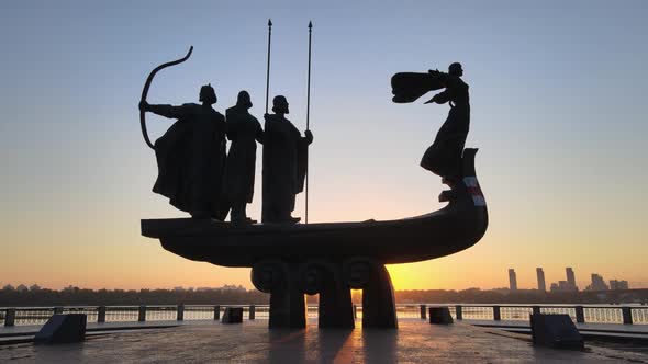 Symbol of Kyiv - a Monument To the Founders of the City in the Morning at Dawn. Ukraine. Aerial