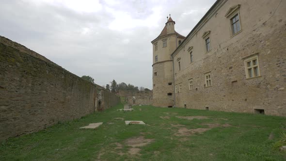 Castle wall with turret at Fagaras fortress