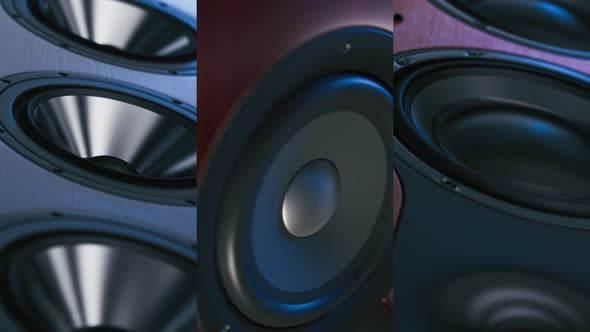 Playing Speaker Membranes. Closeup At Moving Sub-Woofer On Studio Speaker