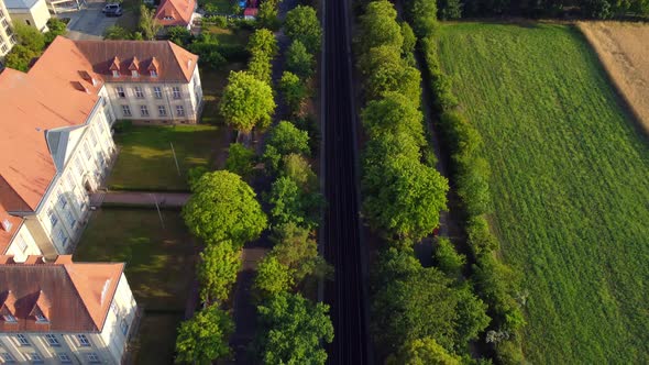 Subway tracks in front of the Geheimes Staatsarchiv Preußischer KulturbesitzTranquil aerial view fl