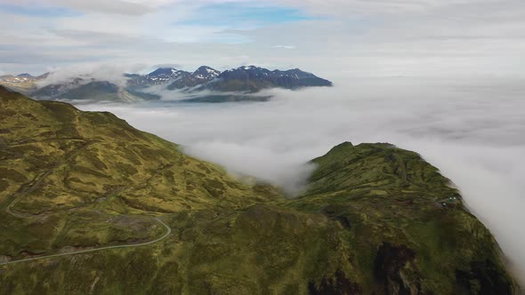 Aerial view of Unalaska Bay with fog, Alaska, United States.