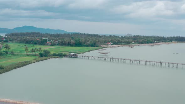 Aerial view of Ong Cop Bamboo Bridge in Song Cau, Phu Yen
