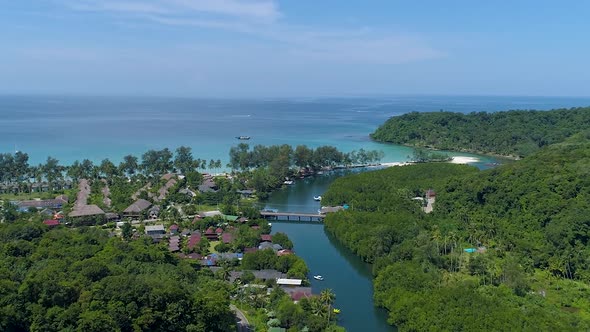 Drone shot of estuary on tropical island. Koh kood island. FLY IN ZOOM OUT