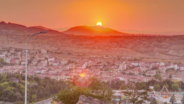 Sunset View From Old Castlethe in Historical City Town of Nevsehir Aerial Timelapse