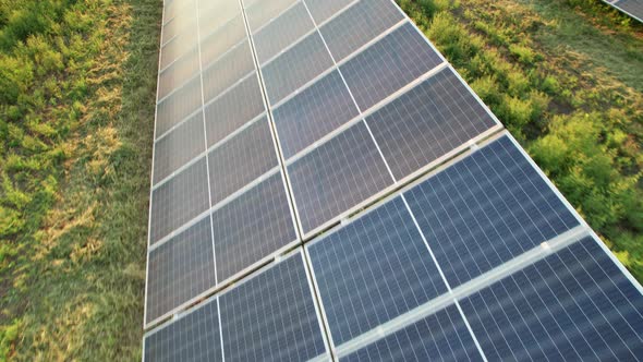 Aerial View of Solar Farm on the Green Field at Sunset Time Solar Panels in Row