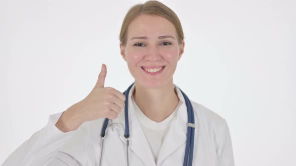 Female Doctor Showing Thumbs Up Sign on White Background