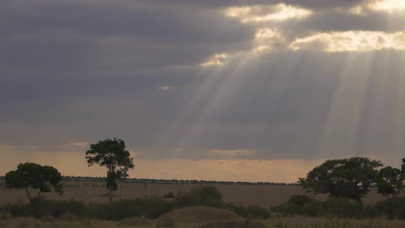 Sun streaming through the clouds over Masai Mara