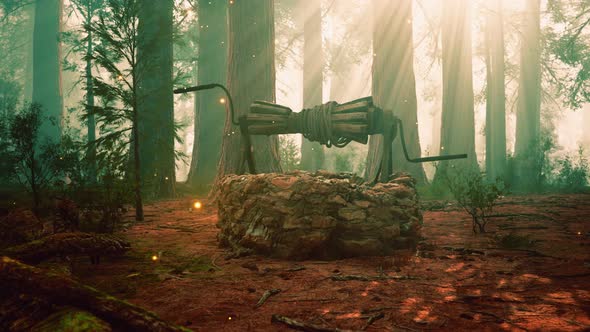 Old Stone Draw Well in the Forest with Fog