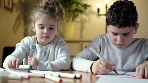 Small preschool girl with brother enthusiastically draws with colored pencils