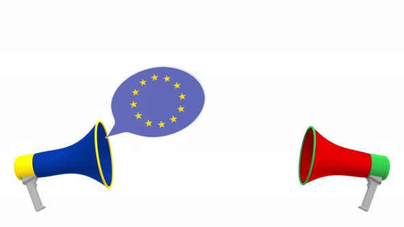 Speech Bubbles with Flags of Iran and the EU and Megaphones