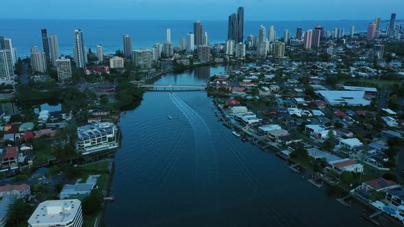 Flying over Main canal at Sunrise Gold Coast, blue hour Surfers Paradise