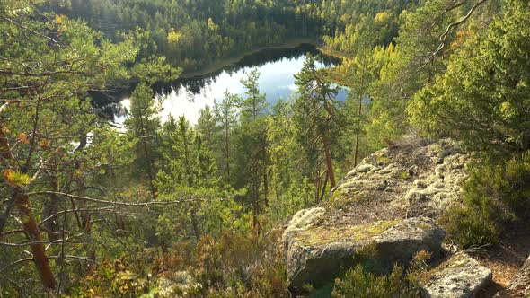 Landscape with Trees, Rocks and Lake. Gimbal Shot of Nature Autumn Landscape in Repovesi National