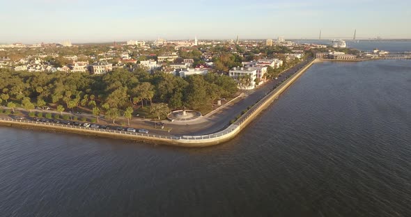 Aerial over Downtown Charleston, SC with White Point Garden and the Battery