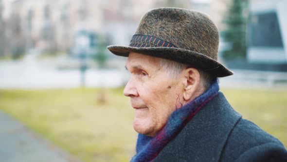 Retired 90 years old man walking in park alone, side view, Gray-haired person