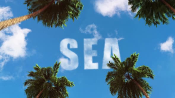 "sea" text in the sky in the form of clouds 3d animation theme of tourism