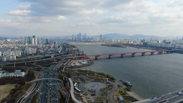 Seoul Mapo Gu Seongsan Bridge Han River City Building Road Traffic