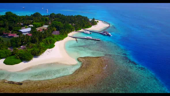 Aerial above tourism of perfect sea view beach trip by transparent ocean with white sand background 