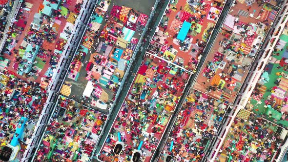 Aerial view of people on ship along Buriganga, Keraniganj, Dhaka, Bangladesh.