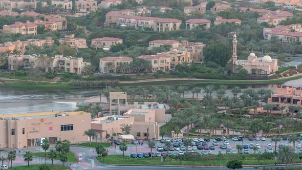 Aerial View of Apartment Houses and Villas in Dubai City Timelapse United Arab Emirates