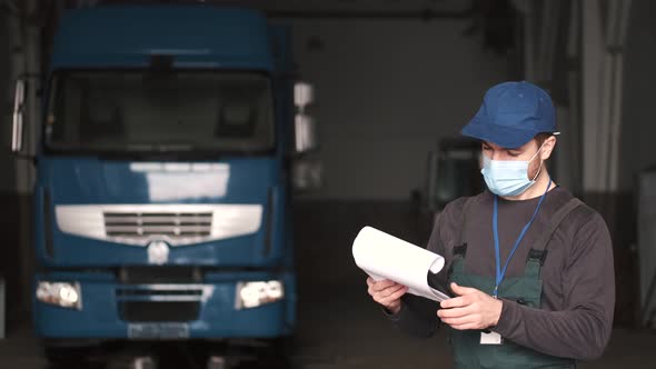 Mechanic Wearing Equipment and Mask Read Car Protocol at Garage