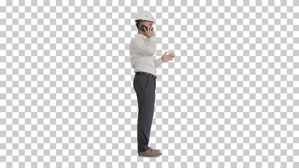 Engineer in white hard hat talking on, Alpha Channel