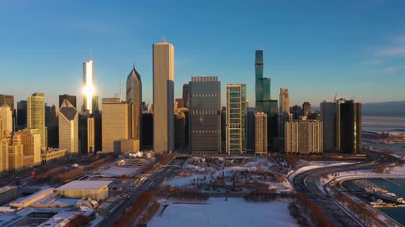 Urban Skyline of Chicago at Sunrise in Winter
