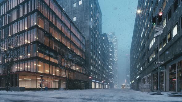 Snow in an empty city. Heavy snowfall in the city.