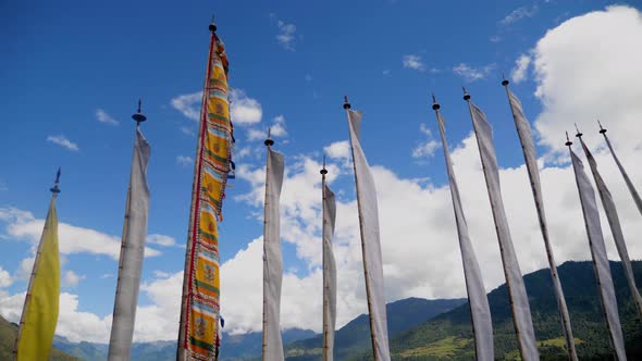 Buddhist Prayer Flags Blowing In The Wind.