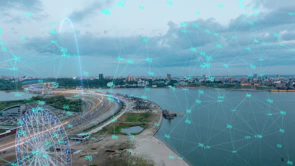 Smart City Aerial Drone Footage Hologram Information Arches Forming During Network Communication