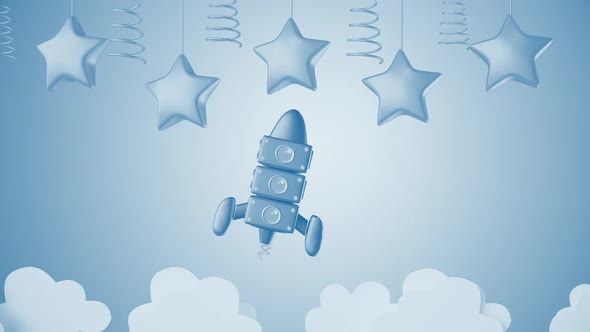 3d Cartoon Toy Rocket And Stars Blue Kids Background