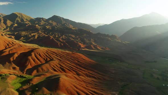 Aerial View of Beautiful Mountain Landscape at Sunset in Kyrgyzstan