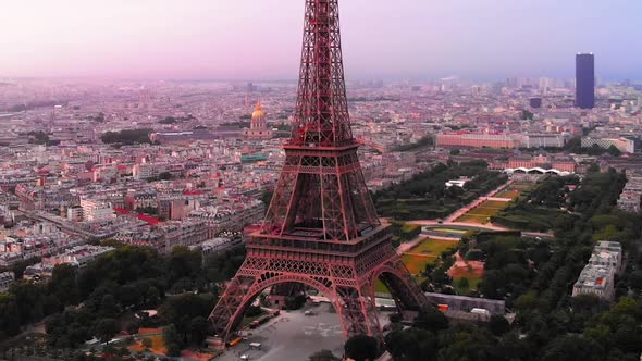 Aerial view to Eiffel tower and the city at sunrise, Paris, France
