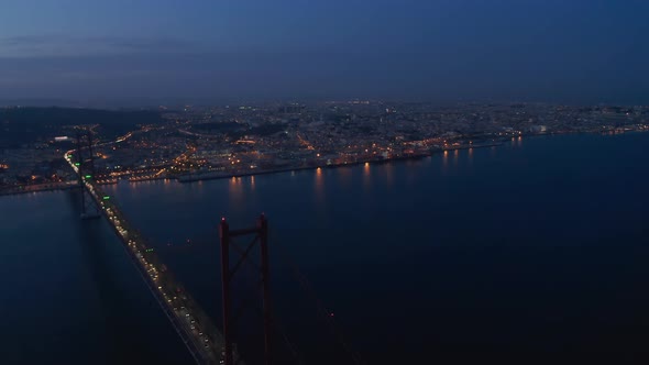 Night Panoramic Aerial View of Town on Rivershore