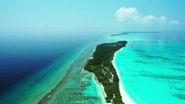 Aerial tourism of perfect lagoon beach break by blue green ocean with clean sand background of a pic