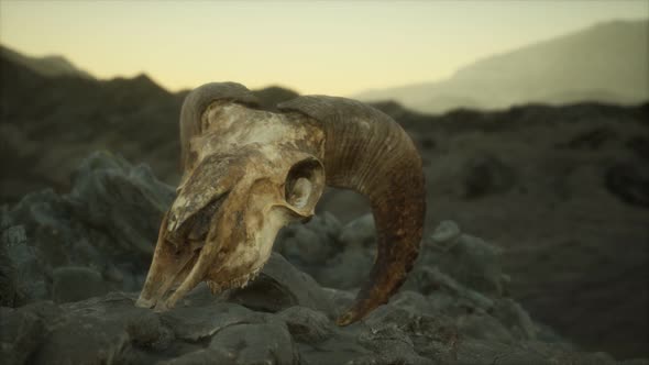 European Mouflon Ram Skull in Natural Conditions in Rocky Mountains alt