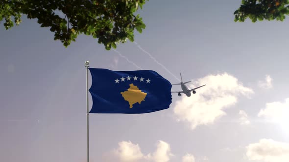 Kosovo Flag With Airplane And City -3D rendering
