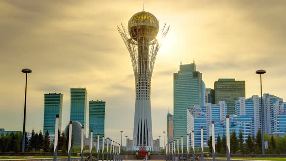 Bayterek Tower in Astana Capital of Kazakhstan on Beautiful Sunset Timelapse