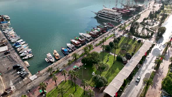 Yachts in the port aerial view 4 K Alanya Turkey