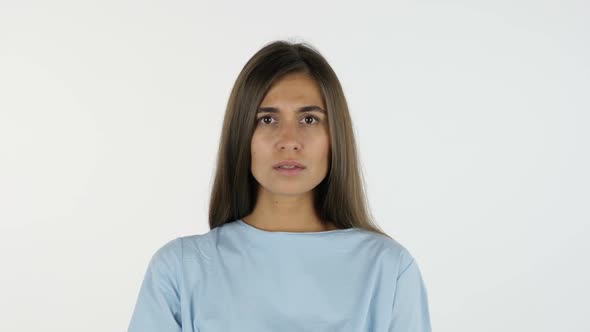 Shocked and Upset, Sad Beautiful Girl, White Background in Studio